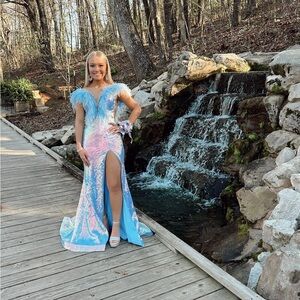 Elegant Blue and Pink Sequin Shifting Evening Gown